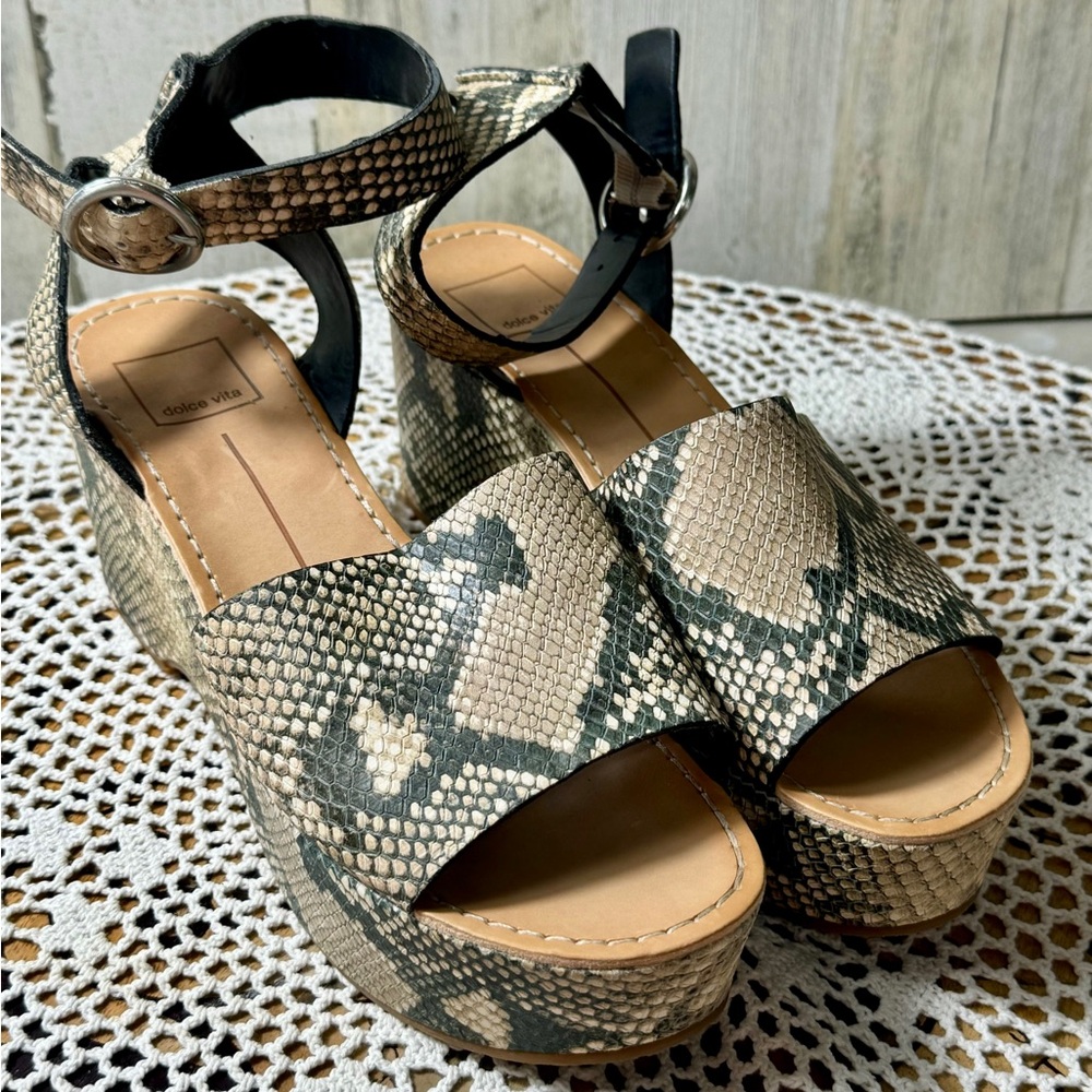 Dolce Vita Brown Snake Print Leather Ankle Strap Platform 3” Heels, Size 8  3025